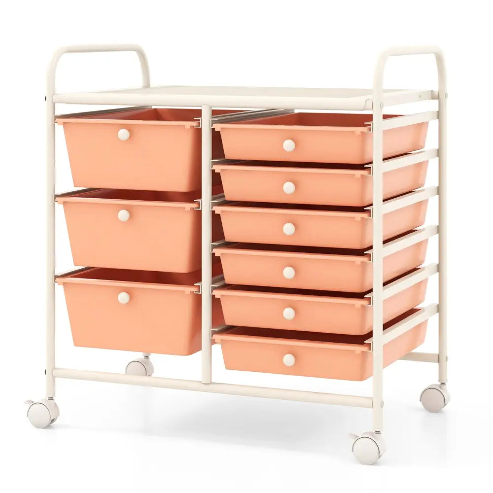 9-Drawer Rolling Storage Cart with Colorful Drawers and Metal Frame-Peach - Peach - File Cabinets