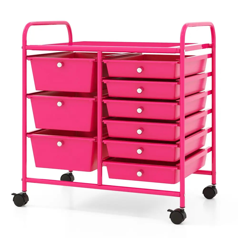 9-Drawer Rolling Storage Cart with Colorful Drawers and Metal Frame-Light Pink - Light Pink - File Cabinets