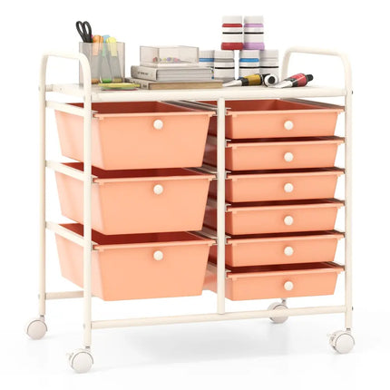 9-Drawer Rolling Storage Cart with Colorful Drawers and Metal Frame-Peach - Peach - File Cabinets
