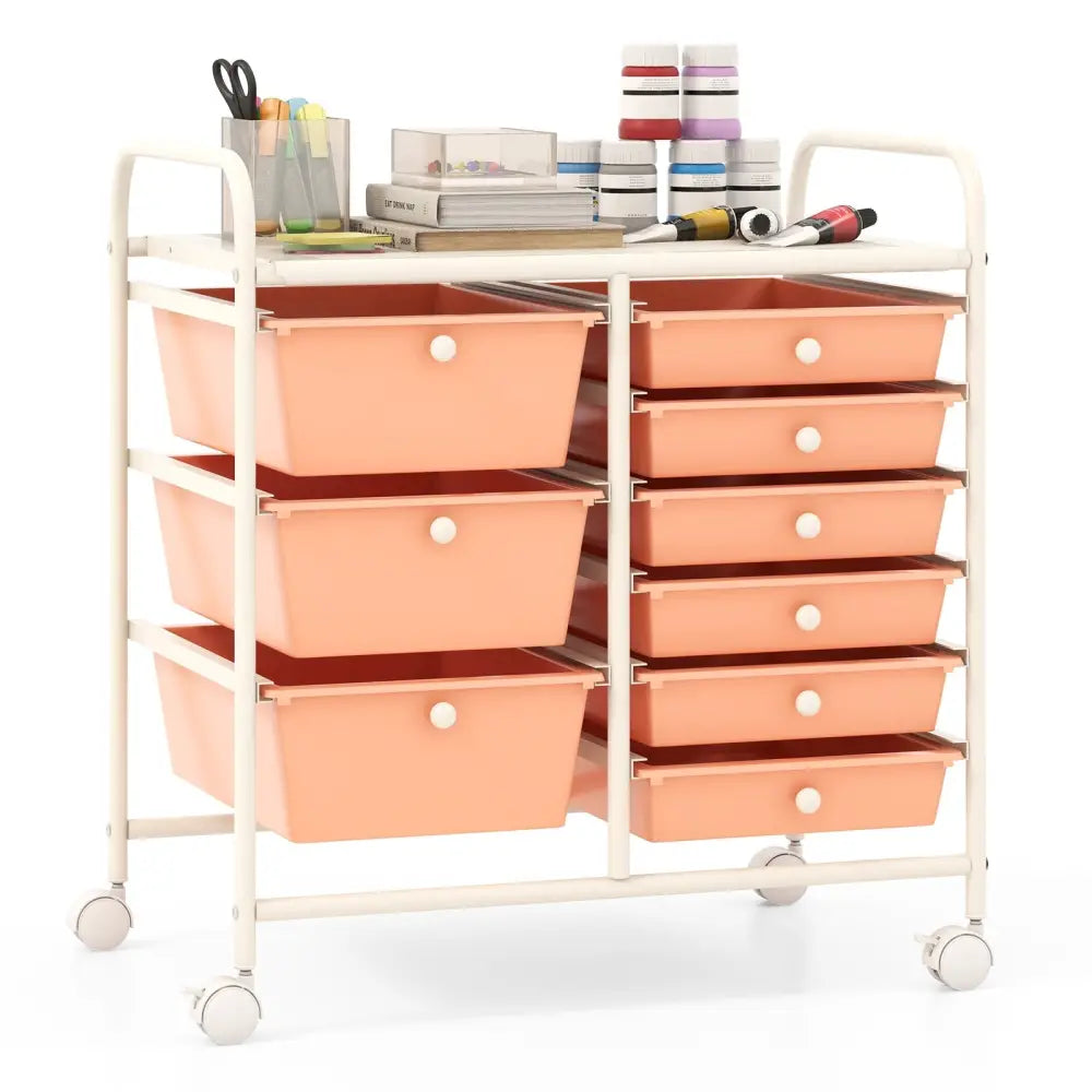 9-Drawer Rolling Storage Cart with Colorful Drawers and Metal Frame-Peach - Peach - File Cabinets