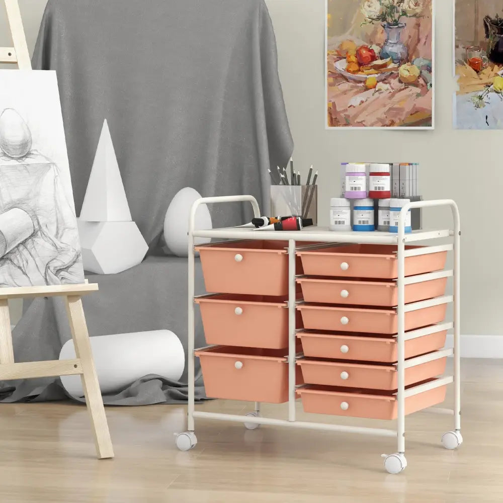 9-Drawer Rolling Storage Cart with Colorful Drawers and Metal Frame-Peach - Peach - File Cabinets