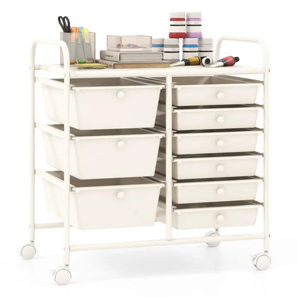 9-Drawer Rolling Storage Cart with Colorful Drawers and Metal Frame-White - White - File Cabinets