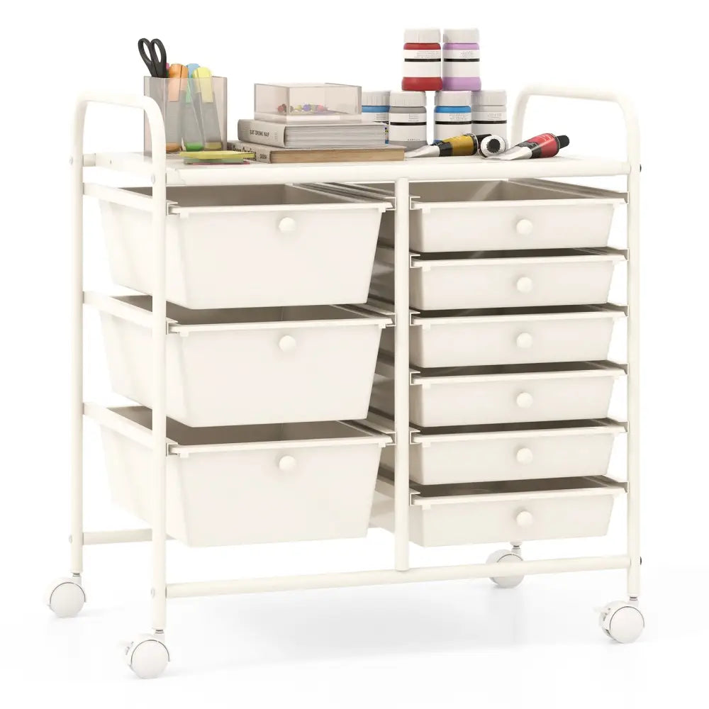 9-Drawer Rolling Storage Cart with Colorful Drawers and Metal Frame-White - White - File Cabinets