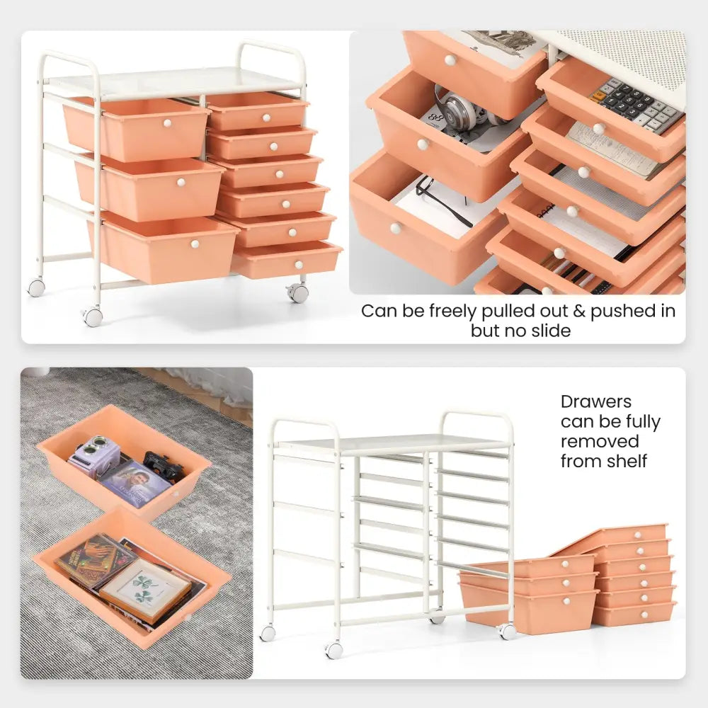 9-Drawer Rolling Storage Cart with Colorful Drawers and Metal Frame-Peach - Peach - File Cabinets