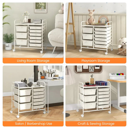 9-Drawer Rolling Storage Cart with Colorful Drawers and Metal Frame-White - White - File Cabinets