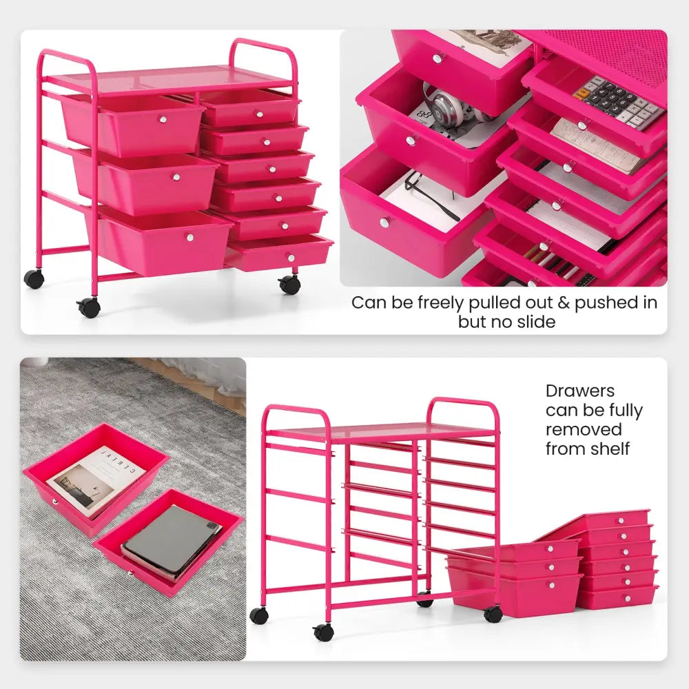 9-Drawer Rolling Storage Cart with Colorful Drawers and Metal Frame-Light Pink - Light Pink - File Cabinets