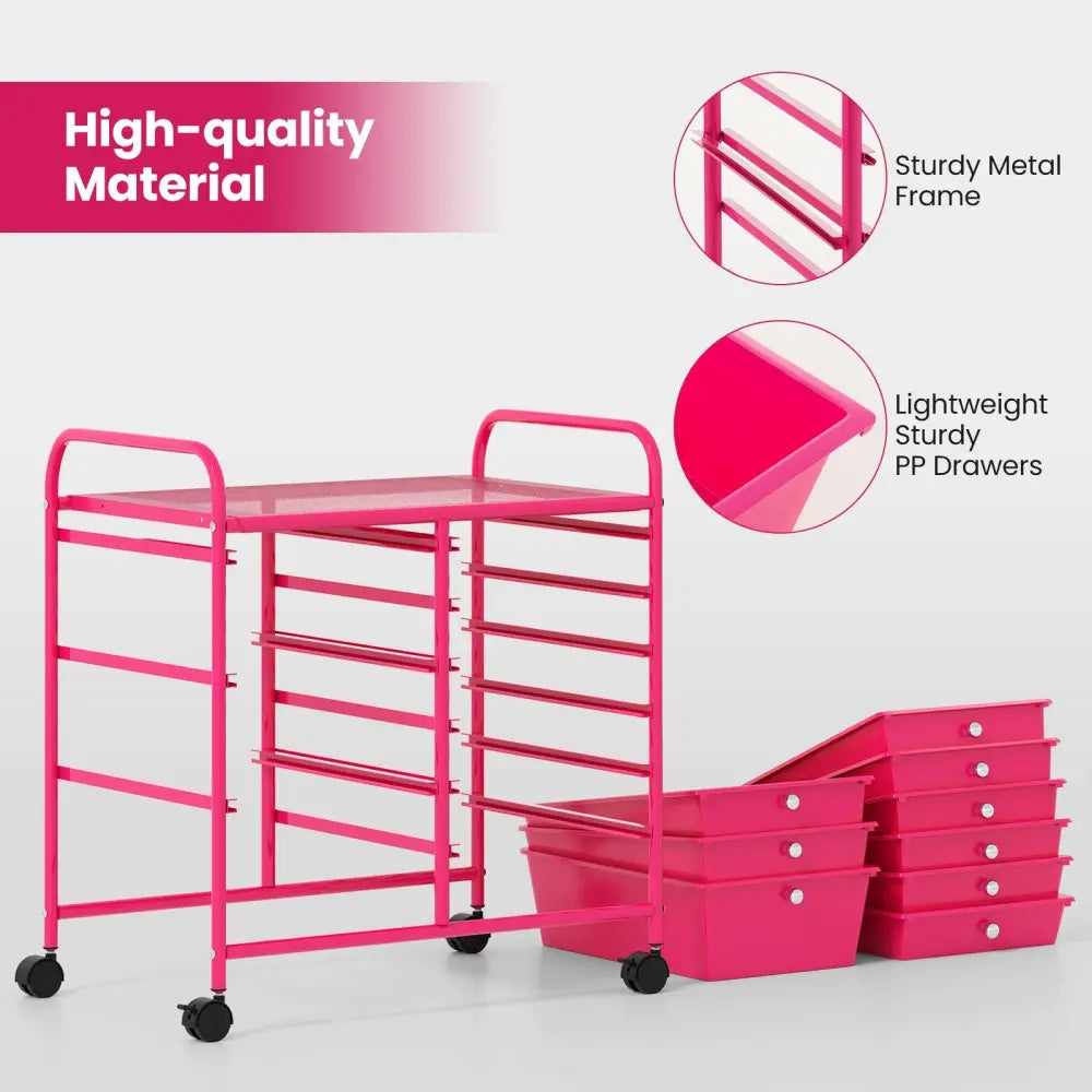 9-Drawer Rolling Storage Cart with Colorful Drawers and Metal Frame-Light Pink - Light Pink - File Cabinets