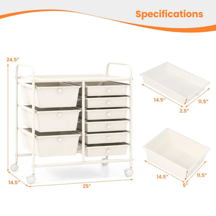 9-Drawer Rolling Storage Cart with Colorful Drawers and Metal Frame-White - White - File Cabinets