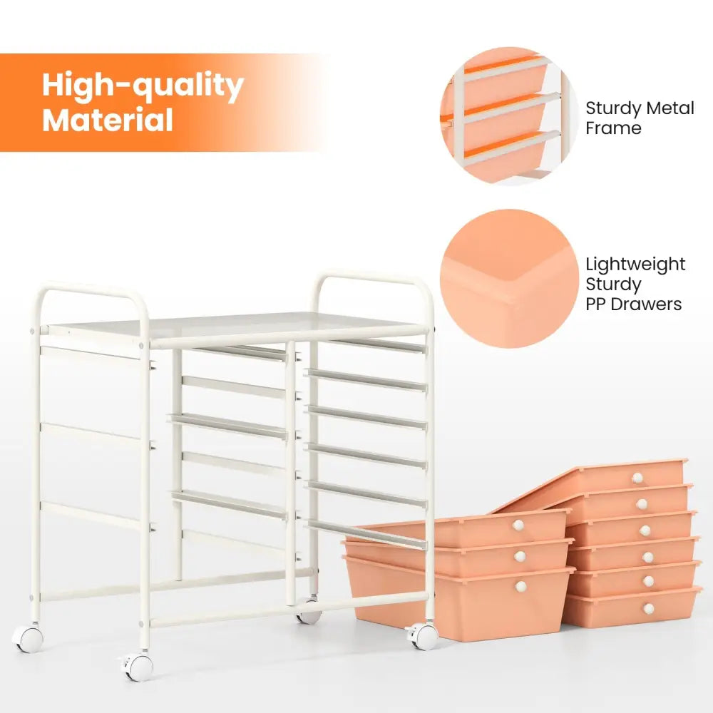 9-Drawer Rolling Storage Cart with Colorful Drawers and Metal Frame-Peach - Peach - File Cabinets