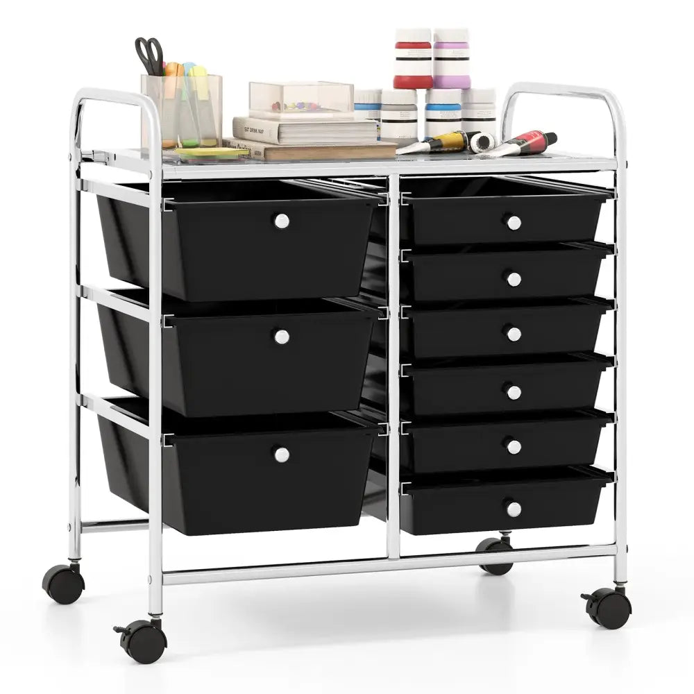 9-Drawer Rolling Storage Cart with Colorful Drawers and Metal Frame-Black - Black - File Cabinets