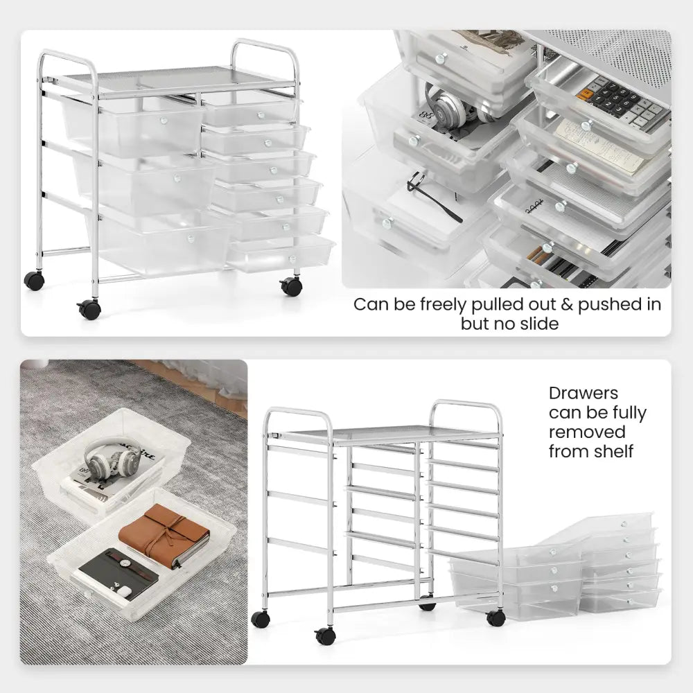 9-Drawer Rolling Storage Cart with Colorful Drawers and Metal Frame-Transparent - Transparent - File Cabinets