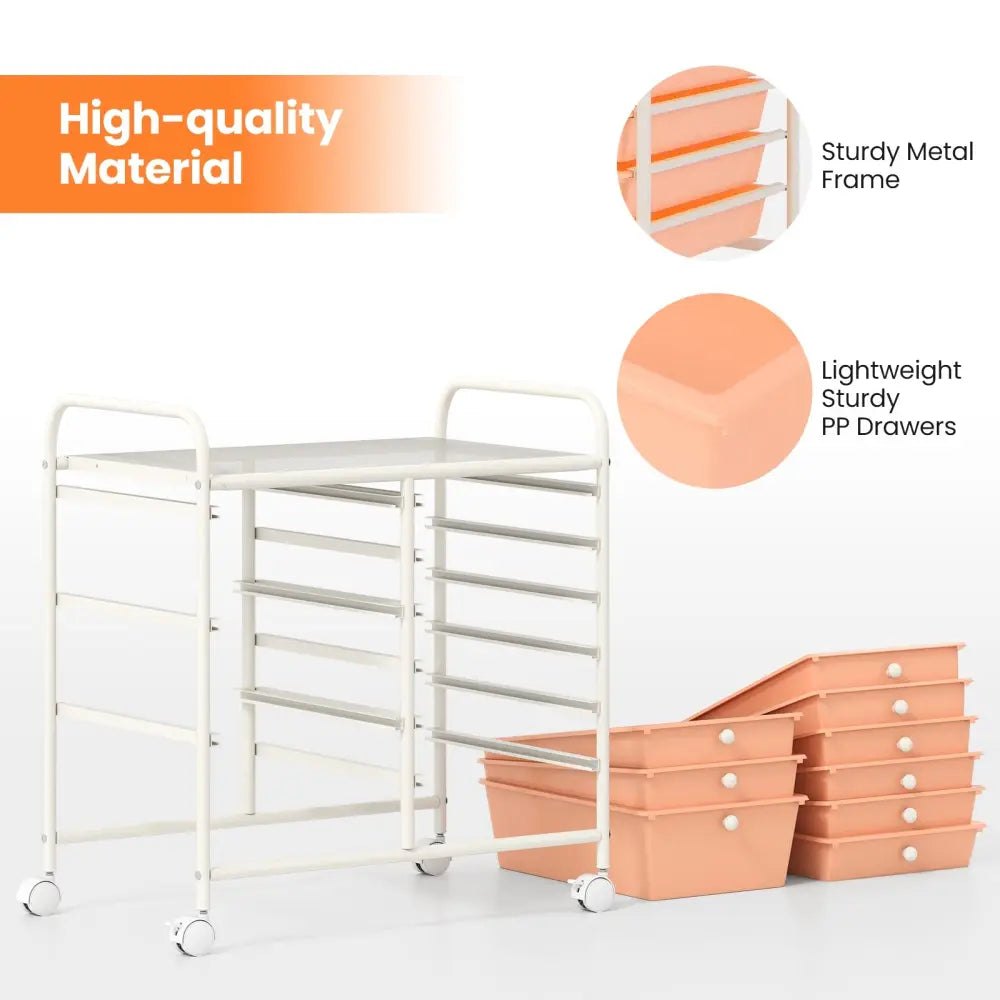 9-Drawer Rolling Storage Cart with Colorful Drawers and Metal Frame-Peach - Peach - File Cabinets