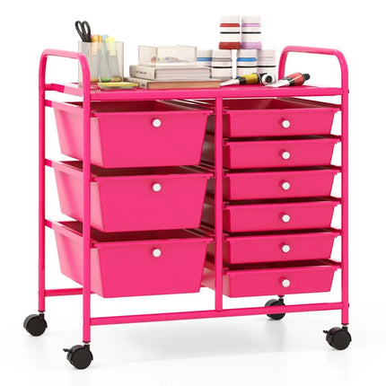 9-Drawer Rolling Storage Cart with Colorful Drawers and Metal Frame-Light Pink - Light Pink - File Cabinets