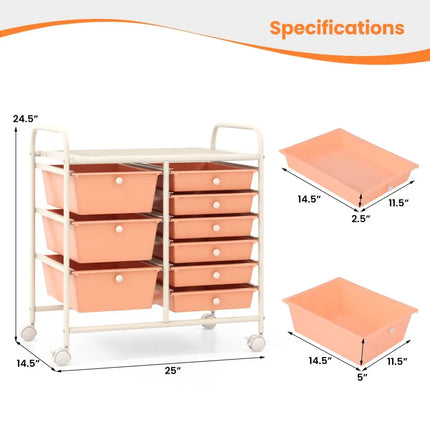 9-Drawer Rolling Storage Cart with Colorful Drawers and Metal Frame-Peach - Peach - File Cabinets