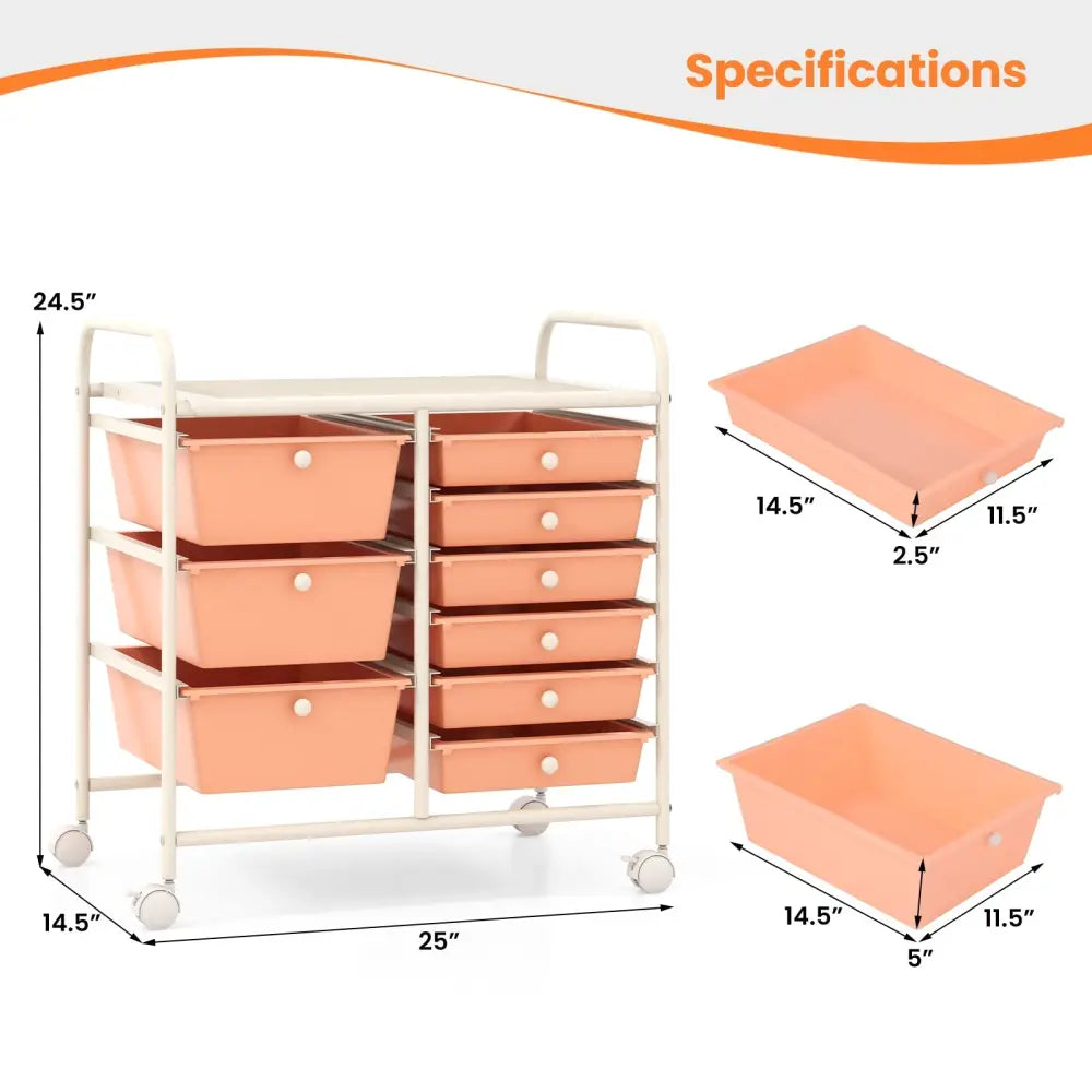 9-Drawer Rolling Storage Cart with Colorful Drawers and Metal Frame-Peach - Peach - File Cabinets