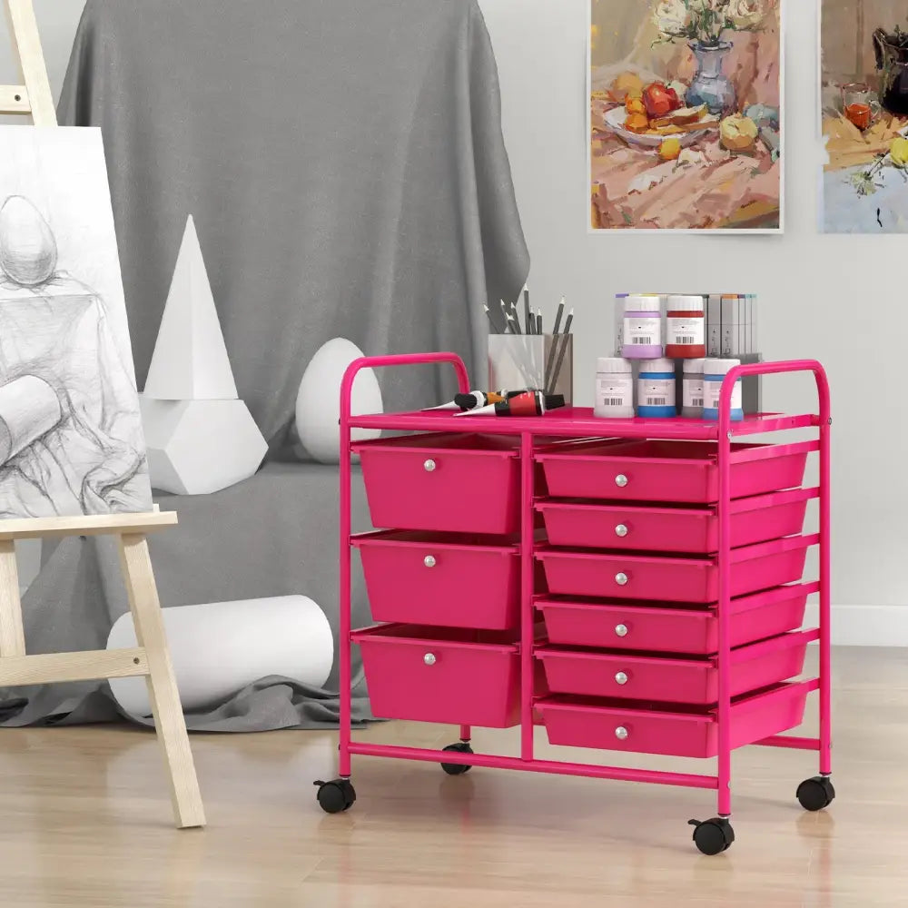 9-Drawer Rolling Storage Cart with Colorful Drawers and Metal Frame-Light Pink - Light Pink - File Cabinets