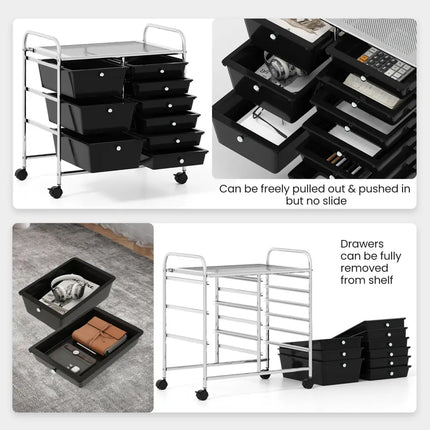 9-Drawer Rolling Storage Cart with Colorful Drawers and Metal Frame-Black - Black - File Cabinets