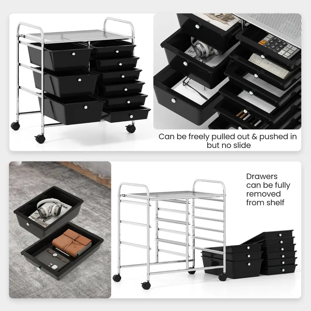 9-Drawer Rolling Storage Cart with Colorful Drawers and Metal Frame-Black - Black - File Cabinets
