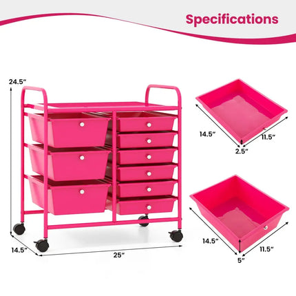9-Drawer Rolling Storage Cart with Colorful Drawers and Metal Frame-Light Pink - Light Pink - File Cabinets