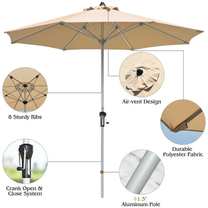 9 Feet Patio Outdoor Market Umbrella with Aluminum Pole without Weight Base-Beige - Beige - Outdoor Umbrellas