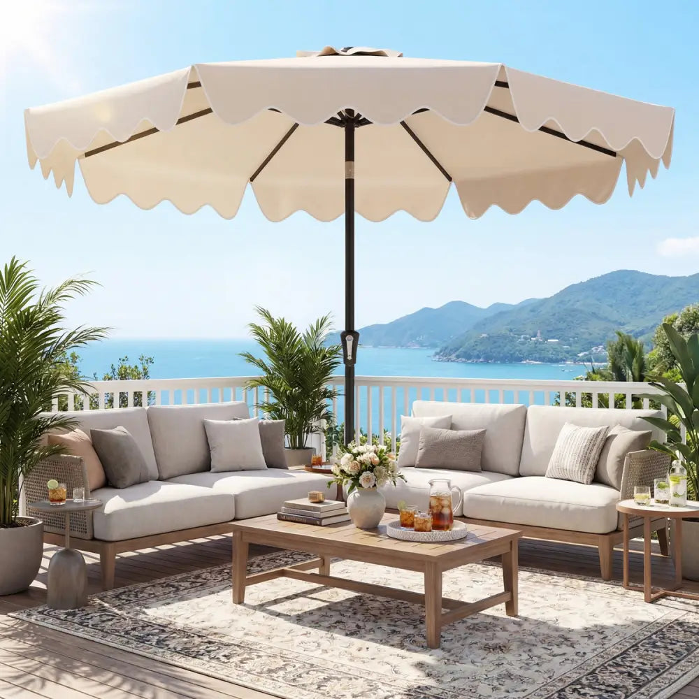 9 Feet Patio Umbrella with Weighted Base and Sandbags-Beige - Beige - Outdoor Umbrellas