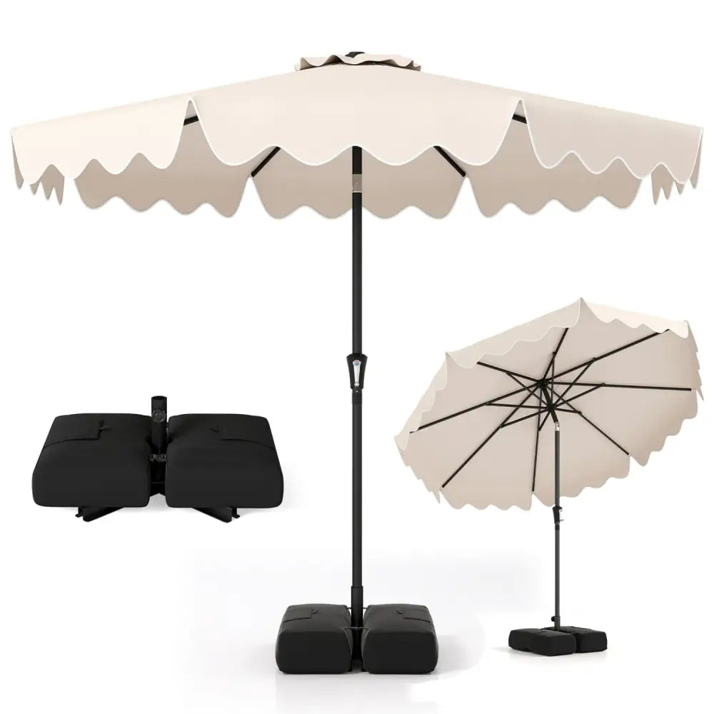 9 Feet Patio Umbrella with Weighted Base and Sandbags-Beige - Beige - Outdoor Umbrellas
