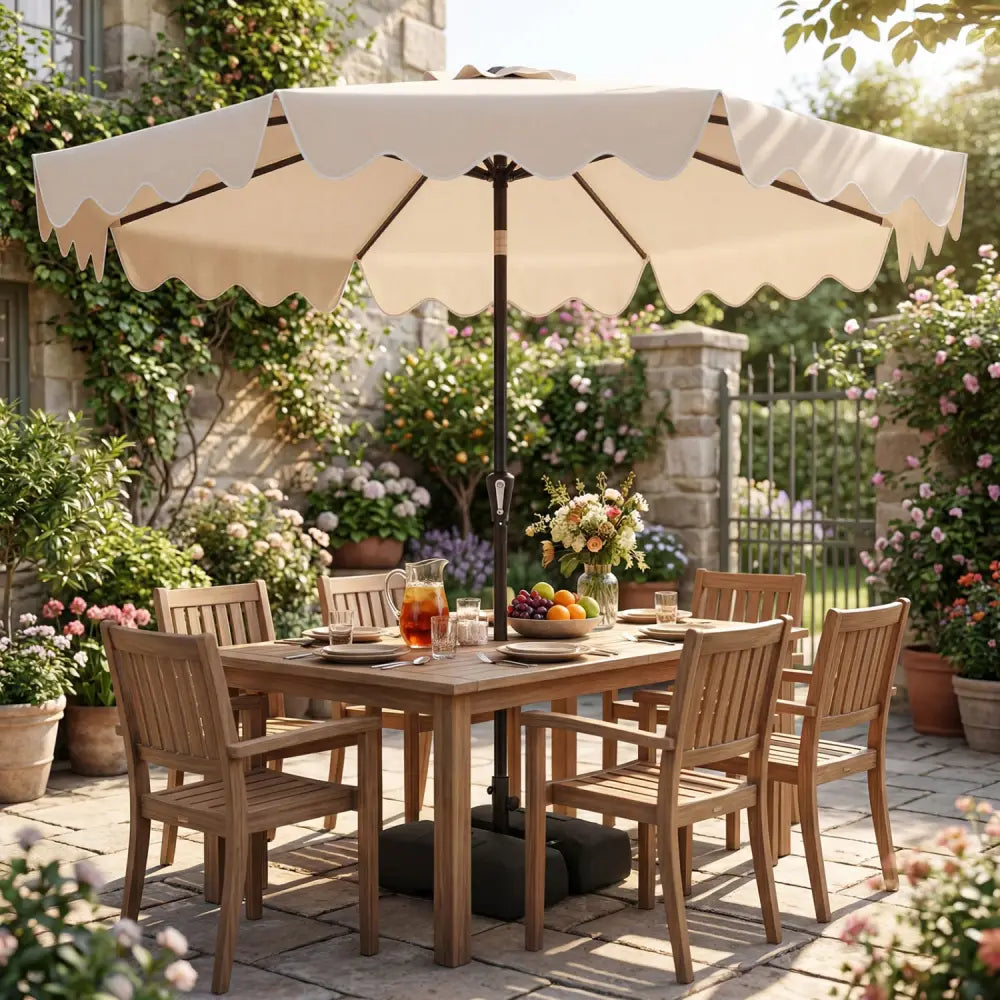 9 Feet Patio Umbrella with Weighted Base and Sandbags-Beige - Beige - Outdoor Umbrellas