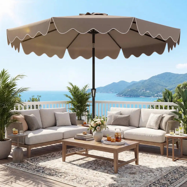 9 Feet Patio Umbrella with Weighted Base and Sandbags-Brown - Brown - Outdoor Umbrellas