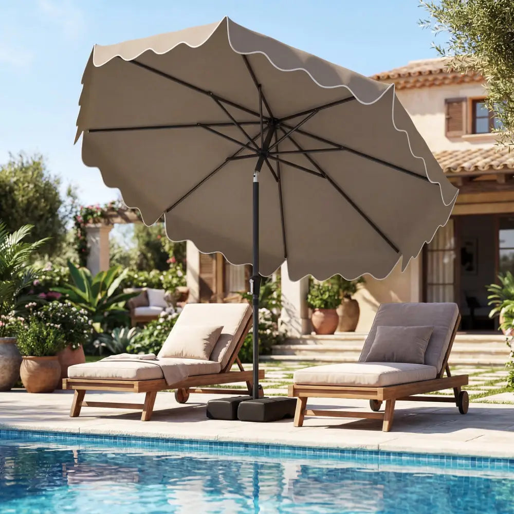 9 Feet Patio Umbrella with Weighted Base and Sandbags-Brown - Brown - Outdoor Umbrellas