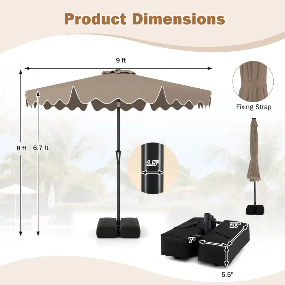 9 Feet Patio Umbrella with Weighted Base and Sandbags-Brown - Brown - Outdoor Umbrellas