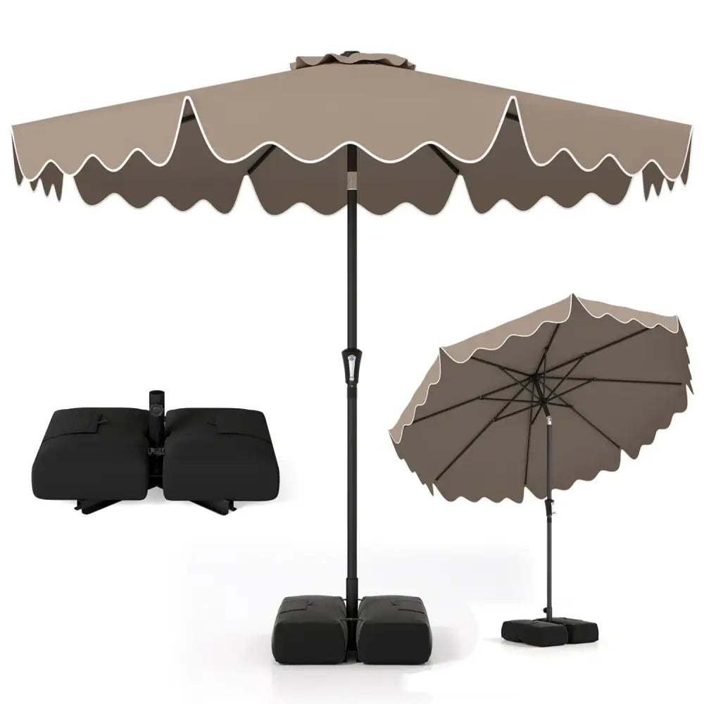 9 Feet Patio Umbrella with Weighted Base and Sandbags-Brown - Brown - Outdoor Umbrellas