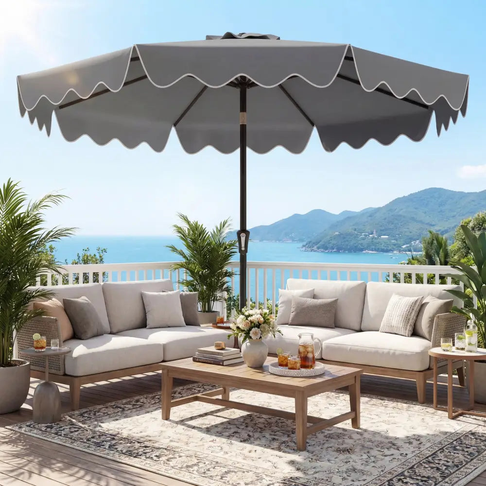9 Feet Patio Umbrella with Weighted Base and Sandbags-Gray - Gray - Outdoor Umbrellas
