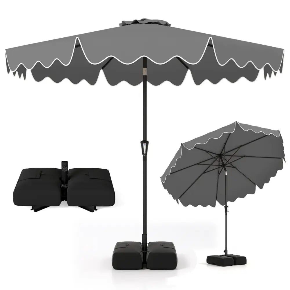 9 Feet Patio Umbrella with Weighted Base and Sandbags-Gray - Gray - Outdoor Umbrellas