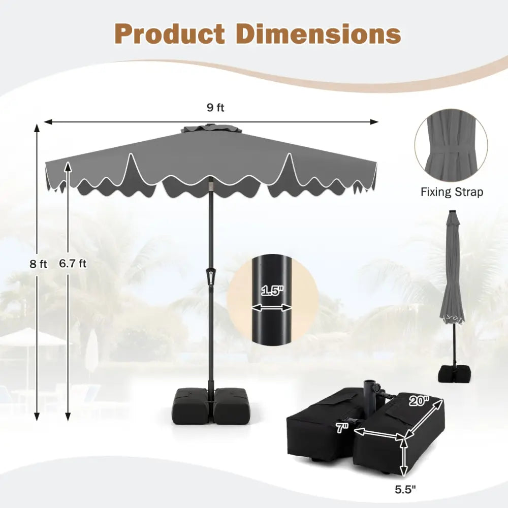 9 Feet Patio Umbrella with Weighted Base and Sandbags-Gray - Gray - Outdoor Umbrellas