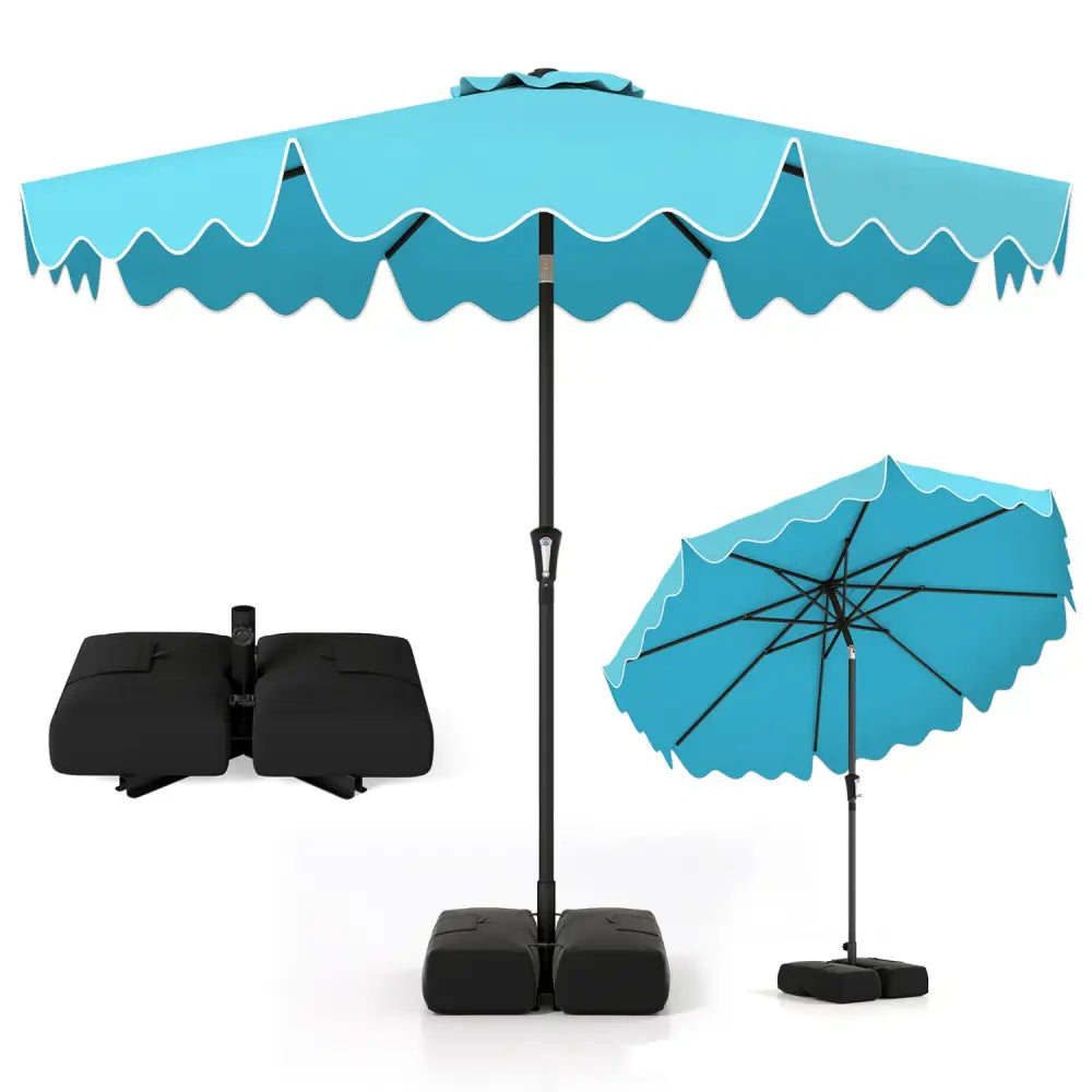 9 Feet Patio Umbrella with Weighted Base and Sandbags-Turquoise - Turquoise - Outdoor Umbrellas