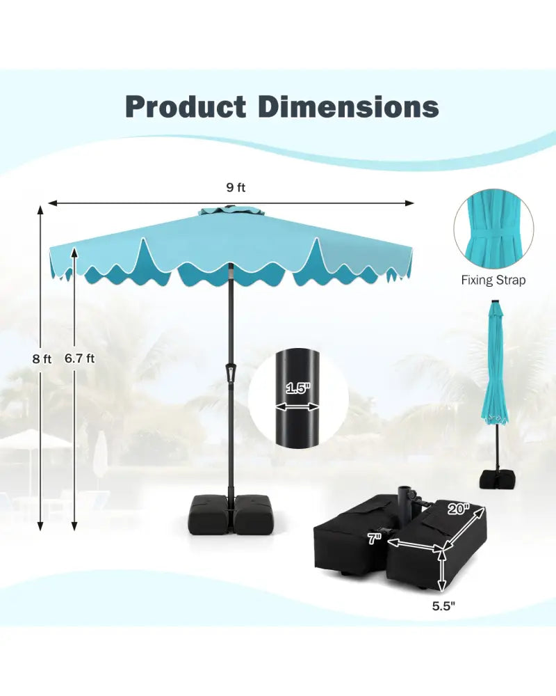9 Feet Patio Umbrella with Weighted Base and Sandbags-Turquoise - Turquoise - Outdoor Umbrellas