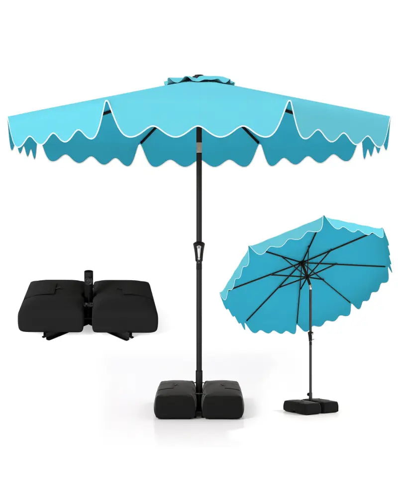 9 Feet Patio Umbrella with Weighted Base and Sandbags-Turquoise - Turquoise - Outdoor Umbrellas