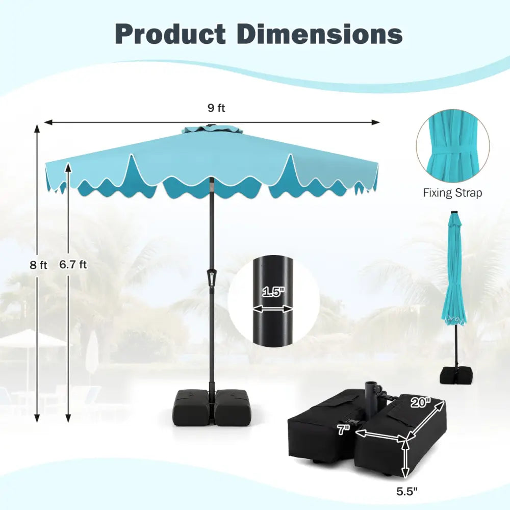 9 Feet Patio Umbrella with Weighted Base and Sandbags-Turquoise - Turquoise - Outdoor Umbrellas
