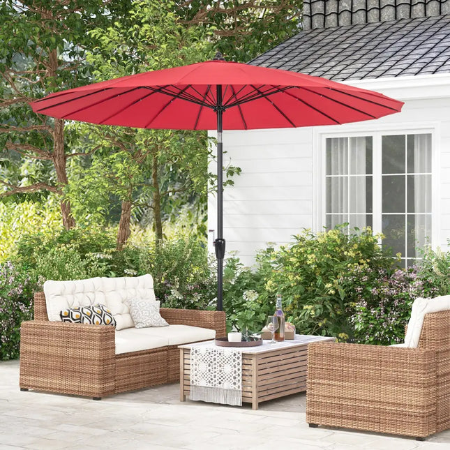 9 Feet Round Patio Umbrella with 18 Fiberglass Ribs-Wine - Wine - Outdoor Umbrellas