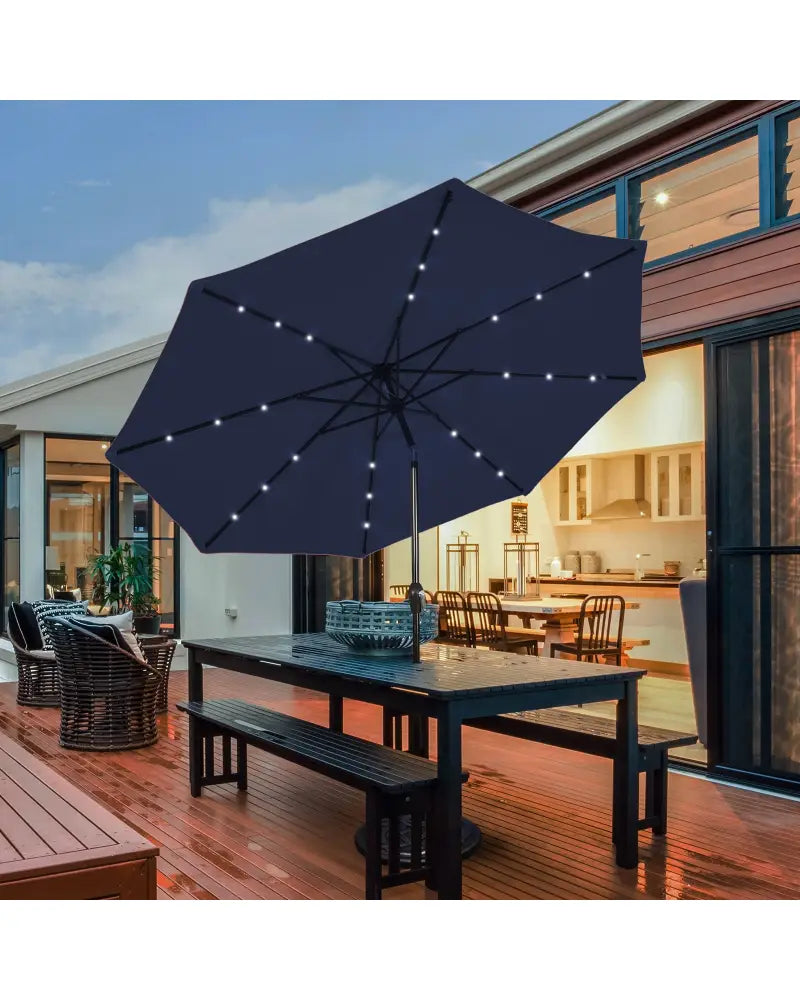 9 Feet Solar LED Lighted Patio Market Umbrella Tilt Adjustment Crank Lift-Dark Blue - Dark Blue - Outdoor Umbrellas