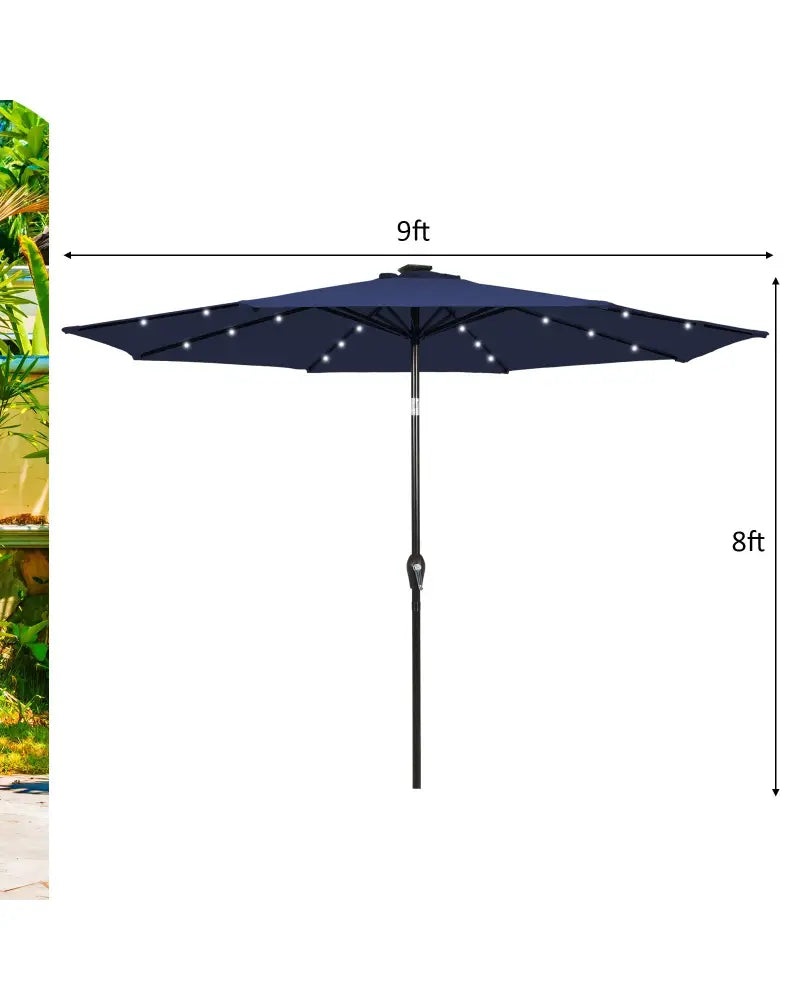 9 Feet Solar LED Lighted Patio Market Umbrella Tilt Adjustment Crank Lift-Dark Blue - Dark Blue - Outdoor Umbrellas
