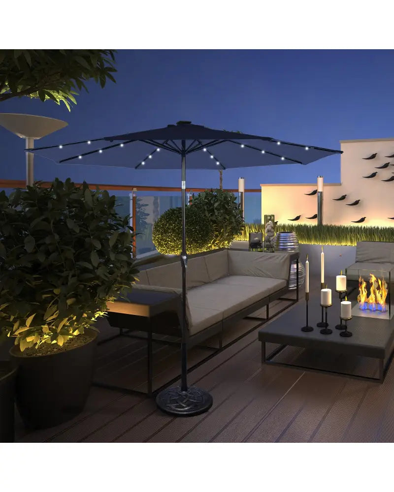 9 Feet Solar LED Lighted Patio Market Umbrella Tilt Adjustment Crank Lift-Dark Blue - Dark Blue - Outdoor Umbrellas