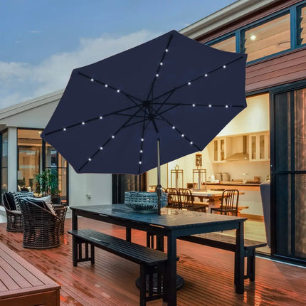 9 Feet Solar LED Lighted Patio Market Umbrella Tilt Adjustment Crank Lift-Dark Blue - Dark Blue - Outdoor Umbrellas