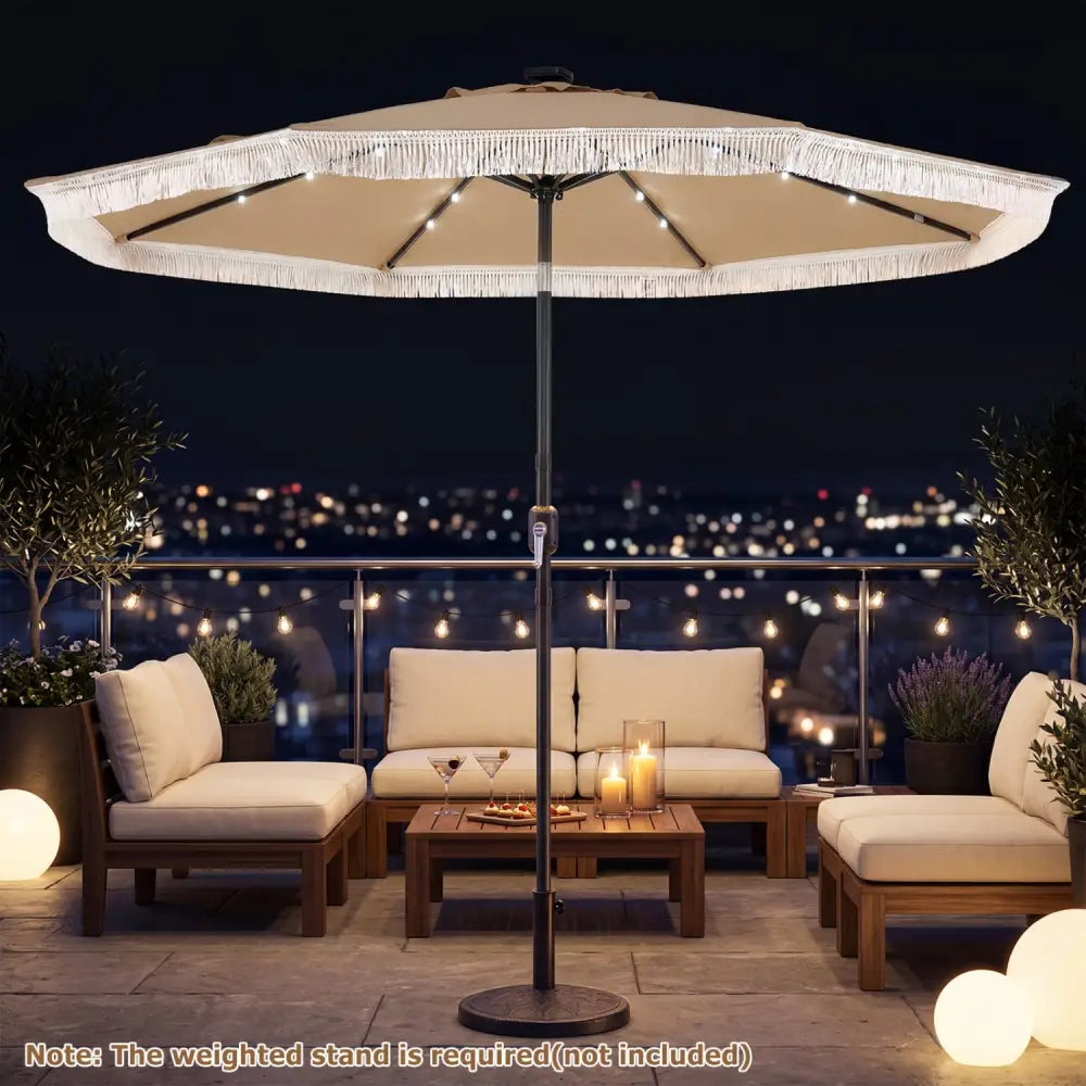 9 Feet Solar Patio Umbrella with 24 LED Lights for Yard-Beige - Beige - Outdoor Umbrellas
