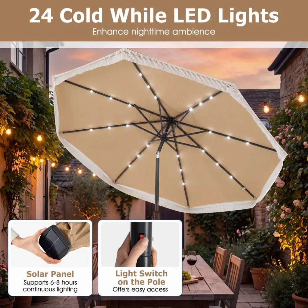 9 Feet Solar Patio Umbrella with 24 LED Lights for Yard-Beige - Beige - Outdoor Umbrellas