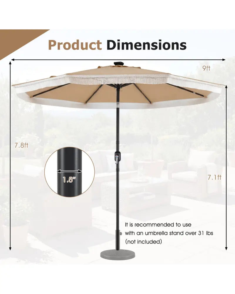 9 Feet Solar Patio Umbrella with 24 LED Lights for Yard-Beige - Beige - Outdoor Umbrellas