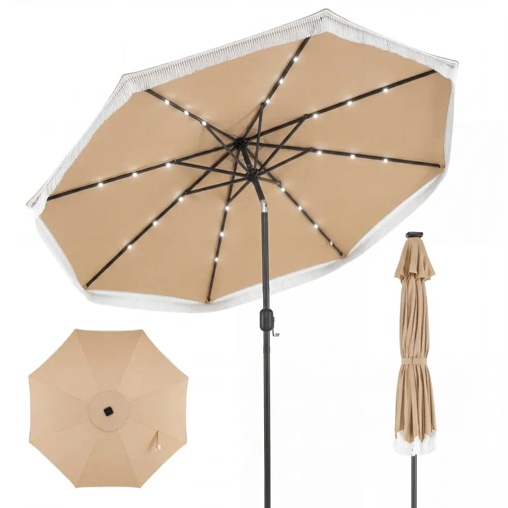 9 Feet Solar Patio Umbrella with 24 LED Lights for Yard-Beige - Beige - Outdoor Umbrellas