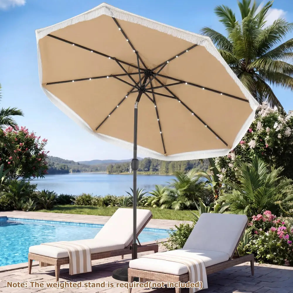 9 Feet Solar Patio Umbrella with 24 LED Lights for Yard-Beige - Beige - Outdoor Umbrellas