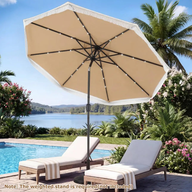 9 Feet Solar Patio Umbrella with 24 LED Lights for Yard-Beige - Beige - Outdoor Umbrellas