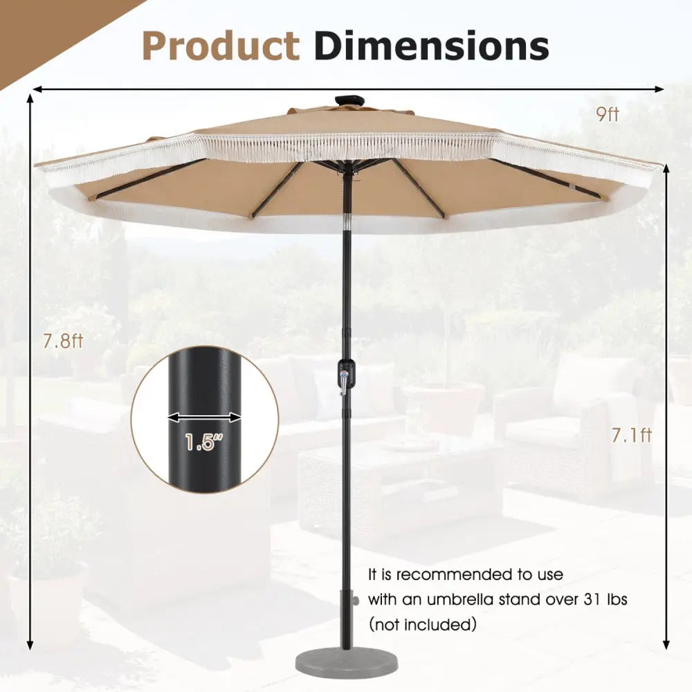 9 Feet Solar Patio Umbrella with 24 LED Lights for Yard-Beige - Beige - Outdoor Umbrellas